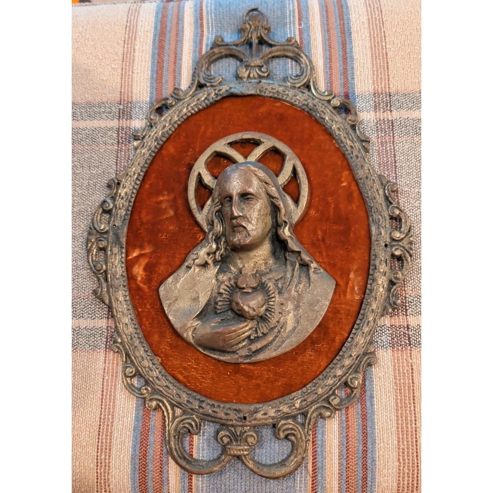 Old Antique Brass Jesus God Sacred Heart Orany Velvet Religious Wall Plaque